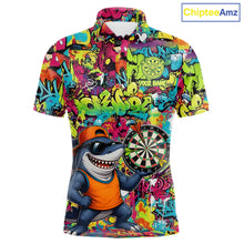 Load image into Gallery viewer, Cool Shark Dartboard Graffiti men's darts polo shirt, custom funny shark dart jersey, personalized dart team uniform
