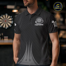 Load image into Gallery viewer, Male darts player wearing Black White Dartboard jersey during dart league and tournament competition