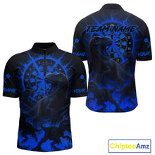 Load image into Gallery viewer, Custom Blue Flaming Dinosaurs Dartboard Quarter-Zip Dart Shirt For Men Dinosaur Dart Jerseys NYN2007