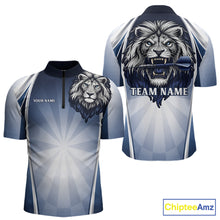 Load image into Gallery viewer, Personalized Blue And Silver Funny Lion Darts Shirt Lion Darts Polo &amp; 1/4-Zip For Men Darts Gifts NYN2899