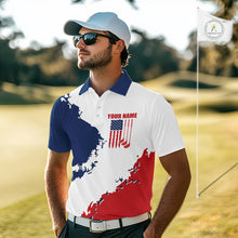 Load image into Gallery viewer, Male golfer wearing American flag golf polo shirt, patriotic golf clothing, custom men's golf apparel