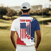 Load image into Gallery viewer, Male golfer wearing American flag golf polo shirt, patriotic golf clothing, custom men's golf apparel