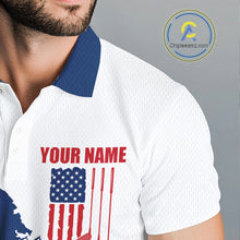 Load image into Gallery viewer, Male golfer wearing American flag golf polo shirt, patriotic golf clothing, custom men's golf apparel