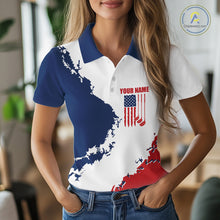 Load image into Gallery viewer, Female golfer wearing American flag golf polo shirt, patriotic golf clothing, custom women's golf apparel