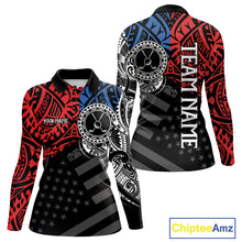 Load image into Gallery viewer, Women's American flag tribal golf long sleeves polo shirt, red blue white golf apparel, patriotic golf shirt, tribal golf team uniform