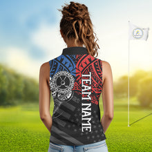 Load image into Gallery viewer, Female golfer wearing American flag tribal golf polo shirt, patriotic golf apparel, women's golf tournament outfit