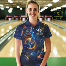 Load image into Gallery viewer, Custom Galaxy Blue Funny Cat Bowling Team Shirt Bowling Jersey Polo &amp; 1/4 Zip Bowling Unisex For Women NYN3123
