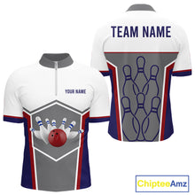 Load image into Gallery viewer, Red, Blue And Gray Bowling Pin Jerseys For Men Custom Bowling Polo 1/4-Zip Shirt, Gift For Bowlers NYN3125