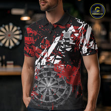 Load image into Gallery viewer, Male darts player wearing black white red grunge dart shirt, smoke dartboard darts jersey, personalized tournament dart apparel