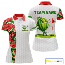 Load image into Gallery viewer, White polo shirt with watermelon design and 'Team Name' text, featuring a cartoon watermelon character holding a golf club.