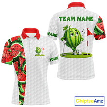 Load image into Gallery viewer, Golf-themed polo shirt with watermelon design and customizable text on a white background