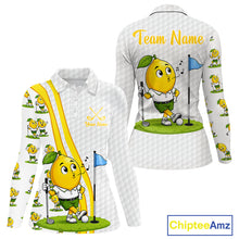 Load image into Gallery viewer, Golf-themed shirt with cartoon lemon character and customizable text on a white background