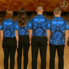 Load image into Gallery viewer, Men women bowling team wearing Blue Lightning Thunder Skull Reaper custom bowling jerseys matching bowling league uniforms tournament apparel