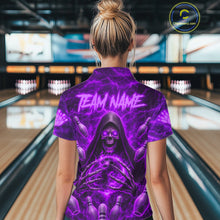 Load image into Gallery viewer, Female bowler wearing Purple Lightning Thunder Skull Reaper bowling jersey custom bowling league apparel personalized team uniform