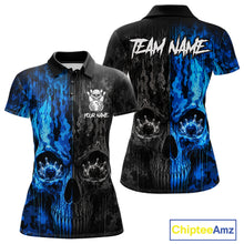 Load image into Gallery viewer, Blue And Black Camouflage Skull Bowling Polo Shirt For Women Custom Bowling Team Jersey Personalized League Bowler Apparel