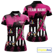Load image into Gallery viewer, Pink Ribbon Grunge US Flag Patriotic Women Billiard Shirts Custom Breast Cancer Billiard Jerseys  NYN2943