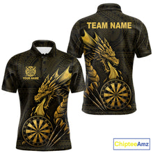 Load image into Gallery viewer, Gold tribal dragon darts polo shirt for men custom dart team jersey
