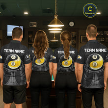 Load image into Gallery viewer, Men women billiard team wearing Black 8 Ball &amp; 9 Ball personalized pool uniforms