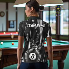 Load image into Gallery viewer, Female billiard player wearing Black White Crown 8 Ball custom billiard shirt