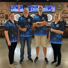 Load image into Gallery viewer, Personalized Women Dart Polo &amp; Quarter-Zip Shirt Custom Name Team Blue Flaming Dragon Dart Jersey NYN3359