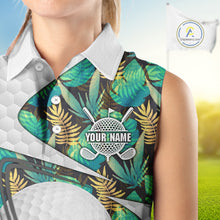 Load image into Gallery viewer, Custom Name Green Tropical Pattern Golf Women Sleeveless Polo Shirt, Best White Ball Golf Clothing For Women NYN2992
