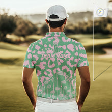 Load image into Gallery viewer, Mens Leopard Pattern Golf Polo Shirts Custom Green Pink Golf Clubs Pattern Attire, Golf Upf Shirts NYN3000