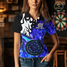 Load image into Gallery viewer, Custom Blue Flaming Dartboard Darts Polo &amp; 1/4-Zip Shirts For Women Fire Dart Team Jerseys NYN2804