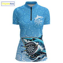 Load image into Gallery viewer, Blue Ferocious Shark Dartboard &amp; Arrow Women Darts 1/4-Zip Shirt Custom Funny Dart League Shirt NYN2647