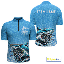 Load image into Gallery viewer, Blue Ferocious Shark Dartboard &amp; Arrow Men Darts 1/4-Zip Shirt Custom Funny Dart League Shirt NYN2647