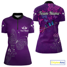 Load image into Gallery viewer, Purple Butterflies Dart Arrow Women's Darts Shirt - Custom Name For Darts Jersey NYN0476