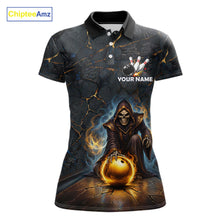 Load image into Gallery viewer, Flame Grim Reaper Custom Women Bowling Polo &amp; Quarter-Zip Shirts Gold Bowling Ball League Jerseys NYN3011