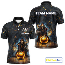 Load image into Gallery viewer, Flame Grim Reaper Custom Men Bowling Polo &amp; Quarter-Zip Shirts Gold Bowling Ball League Jerseys NYN3011