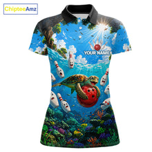 Load image into Gallery viewer, Funny ocean turtle bowling polo shirt for women custom bowling team jersey mockup