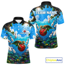 Load image into Gallery viewer, Funny ocean turtle bowling polo shirt for men custom bowling team jersey mockup