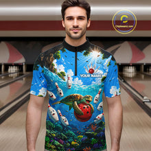 Load image into Gallery viewer, Man wearing ocean turtle bowling shirt custom bowling apparel