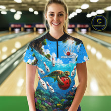 Load image into Gallery viewer, Woman wearing ocean turtle bowling shirt custom bowling apparel