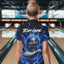 Load image into Gallery viewer, Woman wearing blue skull thunder lightning bowling shirt custom bowling apparel