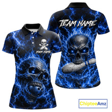 Load image into Gallery viewer, Women's blue skull thunder lightning bowling polo shirt custom bowling jersey mockup