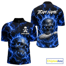 Load image into Gallery viewer, Men's blue skull quarter zip bowling shirt custom bowling jersey mockup