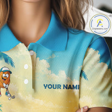 Load image into Gallery viewer, Woman wearing funny potato golf polo shirt during golf tournament