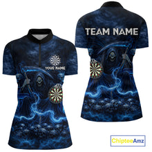 Load image into Gallery viewer, Blue Smoking Grim Reaper Dartboard Dart 1/4-Zip Shirts For Women Custom Multiskull Dart Team Shirts NYN2683