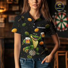 Load image into Gallery viewer, Woman wearing beer and alligator dart shirt funny dart player apparel