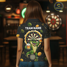 Load image into Gallery viewer, Woman wearing beer and alligator dart shirt funny dart player apparel
