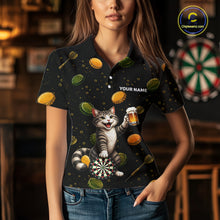 Load image into Gallery viewer, Woman wearing beer and cat dart shirt funny dart player apparel