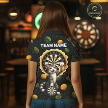 Load image into Gallery viewer, Woman wearing beer and cat dart shirt funny dart player apparel