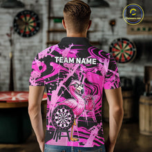 Load image into Gallery viewer, Man wearing funny flamingo pink dart shirt custom tournament apparel