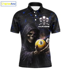 Load image into Gallery viewer, Blue Grunge Grim Reaper Hold 8 Ball &amp; 9 Ball Pool Men Billiard Shirt Custom Billiard Team Attire NYN2703