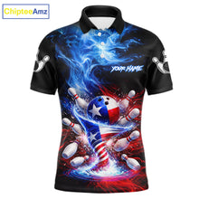Load image into Gallery viewer, Personalized Fire Flame Texas Flag Tornado Bowling Team Shirts For Men Patriotic Bowling Gifts NYN2722