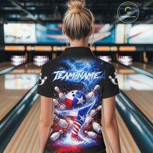 Load image into Gallery viewer, Personalized Fire Flame Texas Flag Tornado Bowling Team Shirts For Women Patriotic Bowling Gifts NYN2722
