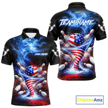 Load image into Gallery viewer, Personalized Fire Flame American Flag Tornado Bowling Team Shirts For Men Patriotic Bowling Gifts NYN2723